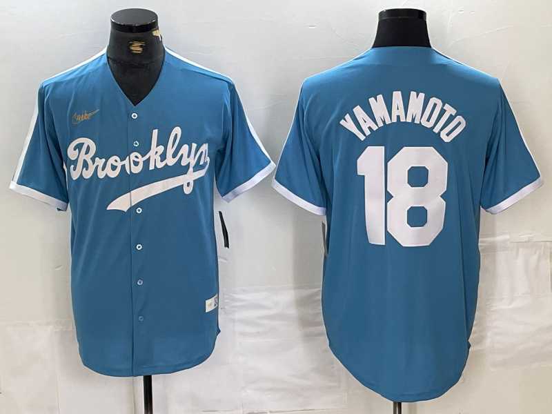 Mens Brooklyn Dodgers #18 Yoshinobu Yamamoto Light Blue Cooperstown Collection Cool Base Jersey